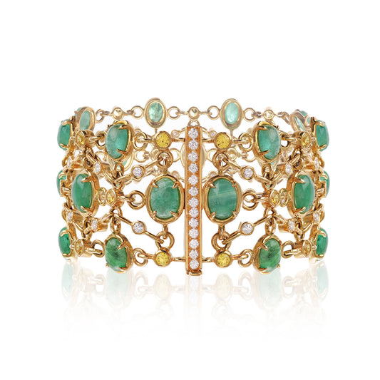 Brazilian Emeralds, diamond and sapphire bracelet created by Esther McFarlane for McFarlane Fine Jewellery