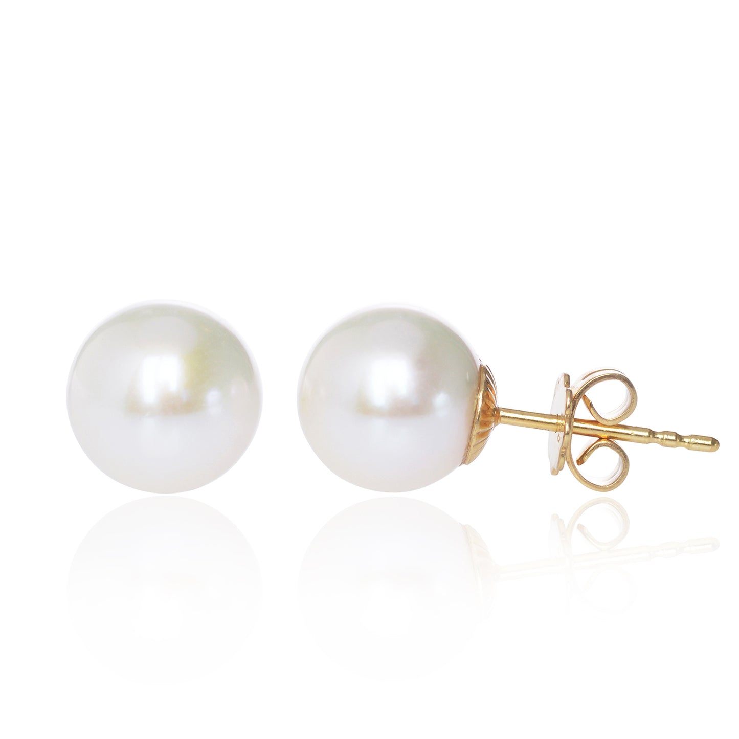 Big White Pearl Studs handmade in Switzerland in 18ct yellow gold by McFarlane Fine Jewellery