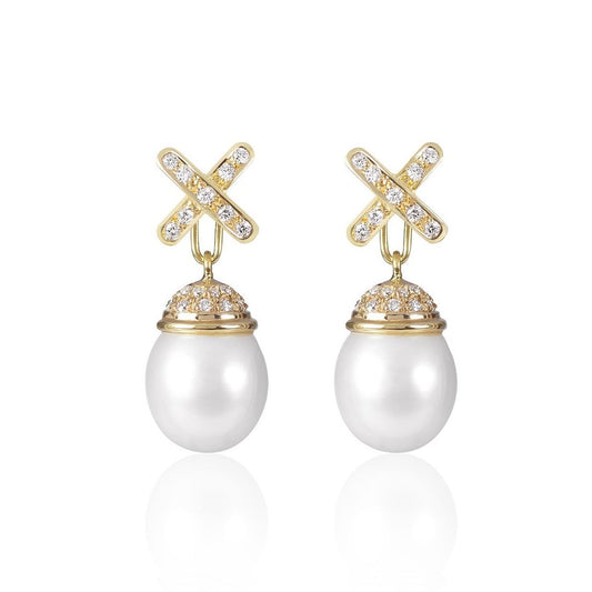 Decadent Cross Pearl Earrings with detachable South Sea and Diamond pendants by McFarlane Fine Jewellery