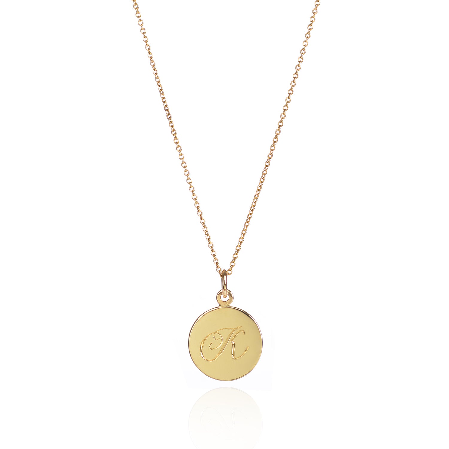 18ct Yellow Gold Customisable Disc Necklace with sample K engraving by McFarlane Fine Jewellery