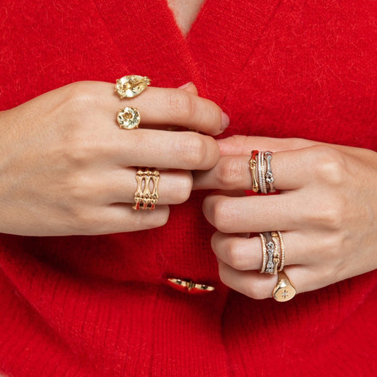 Lilian wearing the Lemon Duet Ring, the Triple Phalanx Ring, the White Gold Little Phalanx Ring, a Pair of White Gold Diamond Rings, the Gold Little Phalanx Ring, a Pair of Yellow Gold Diamond Rings, Diamond Encrusted Little Phalanx Ring, a Diamond Studded White Gold Little Phalanx Ring and the North Star Signet Ring by McFarlane Fine Jewellery