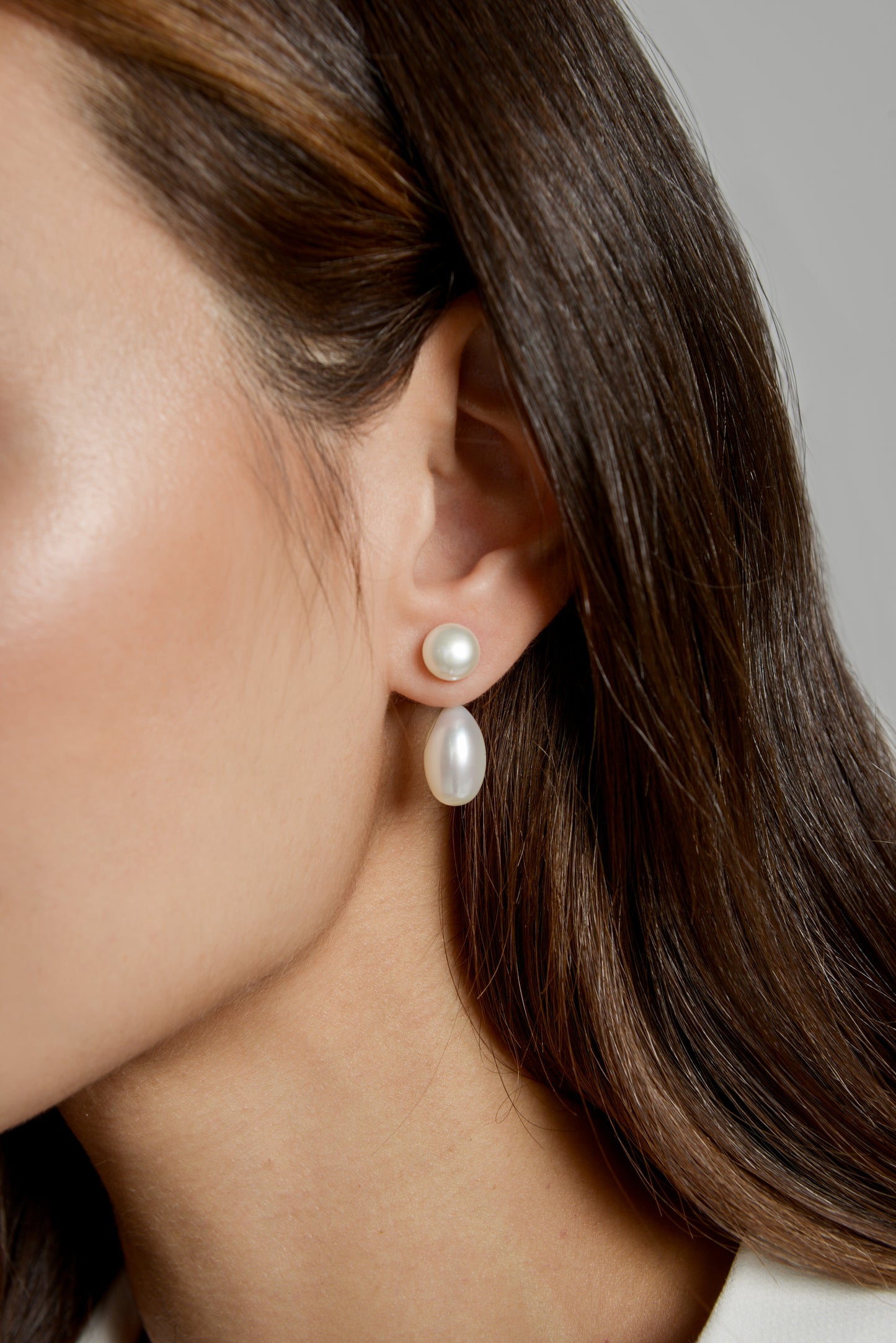 Anna wearing our Little Button Pearls with Elongated Pearl Pendants by McFarlane Fine Jewellery