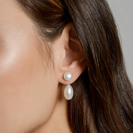 Anna wearing the Elongated Pearl Earring Pendants by McFarlane Fine Jewellery