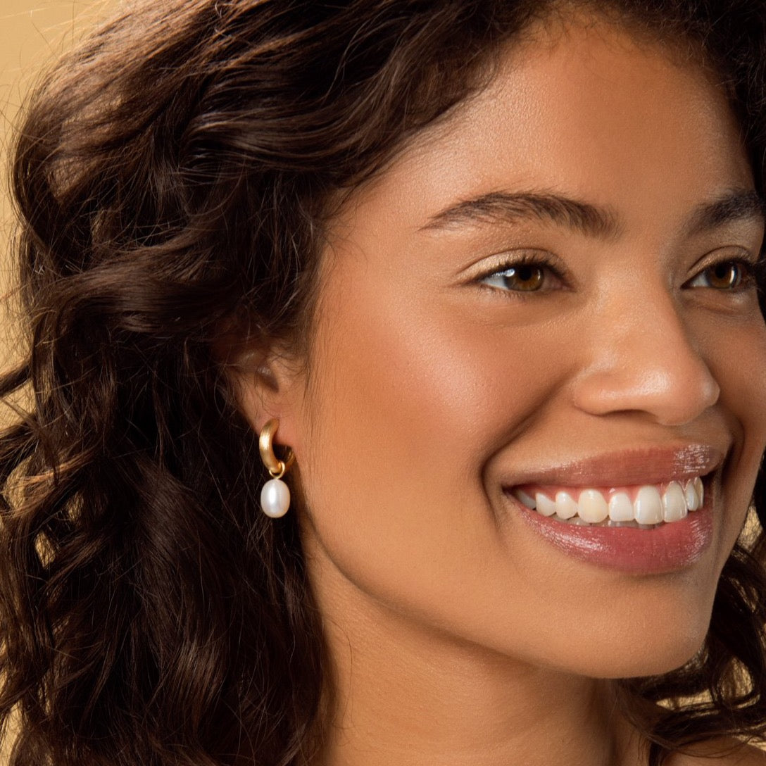 Carolini wearing our Matt Chunky Hoops with Pearls by McFarlane Fine Jewellery