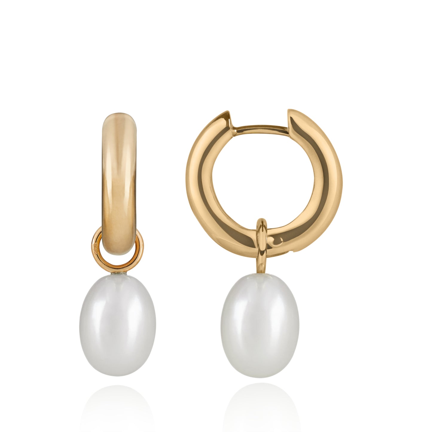 Chunky Polished Gold Hoop Earrings with Pearl Pendants by McFarlane Fine Jewellery