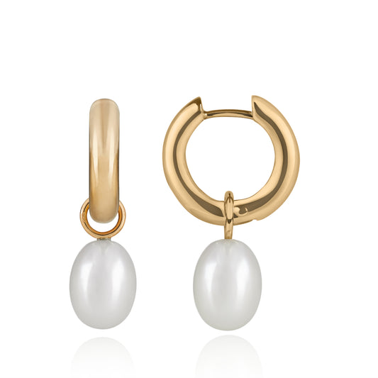 Chunky Polished Gold Hoop Earrings with Pearl Pendants by McFarlane Fine Jewellery