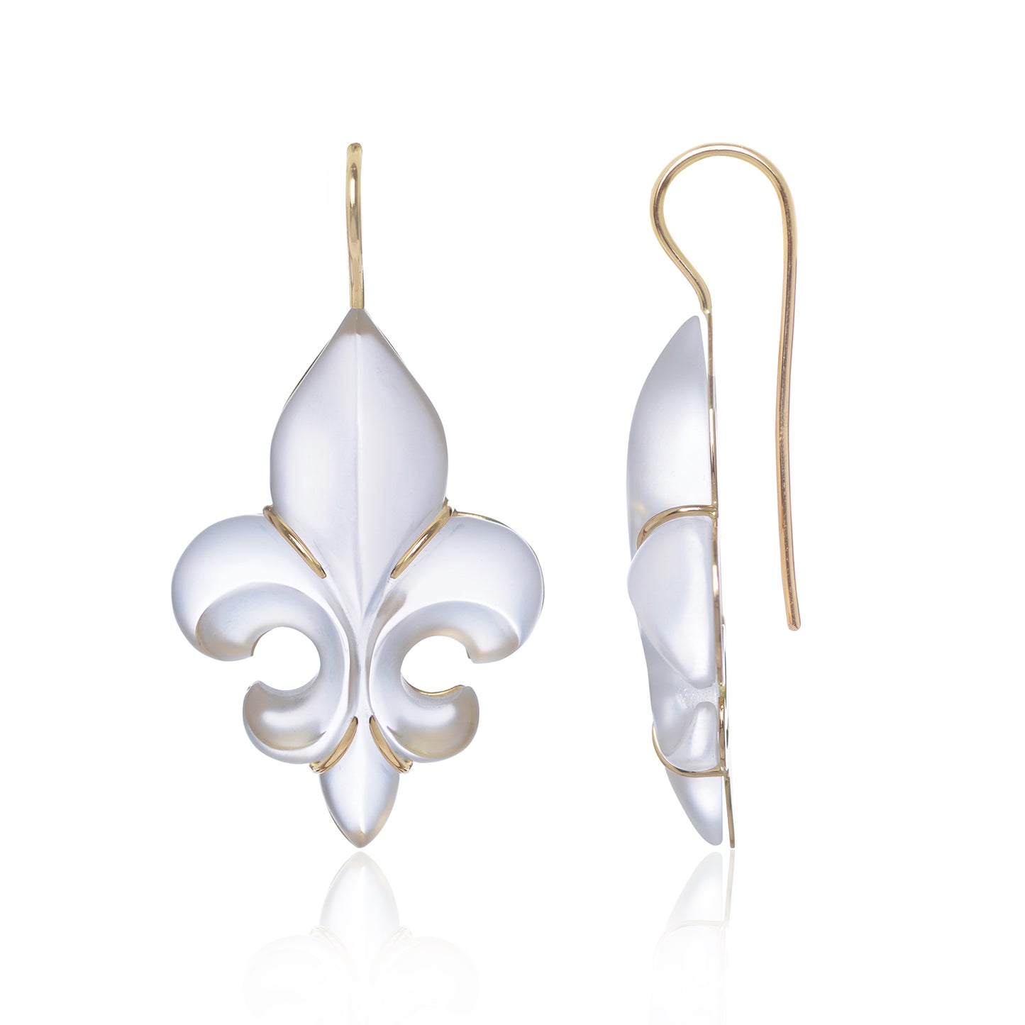 Frosted Fleur des Lys Earrings in 18ct yellow gold side view by McFarlane Fine Jewellery