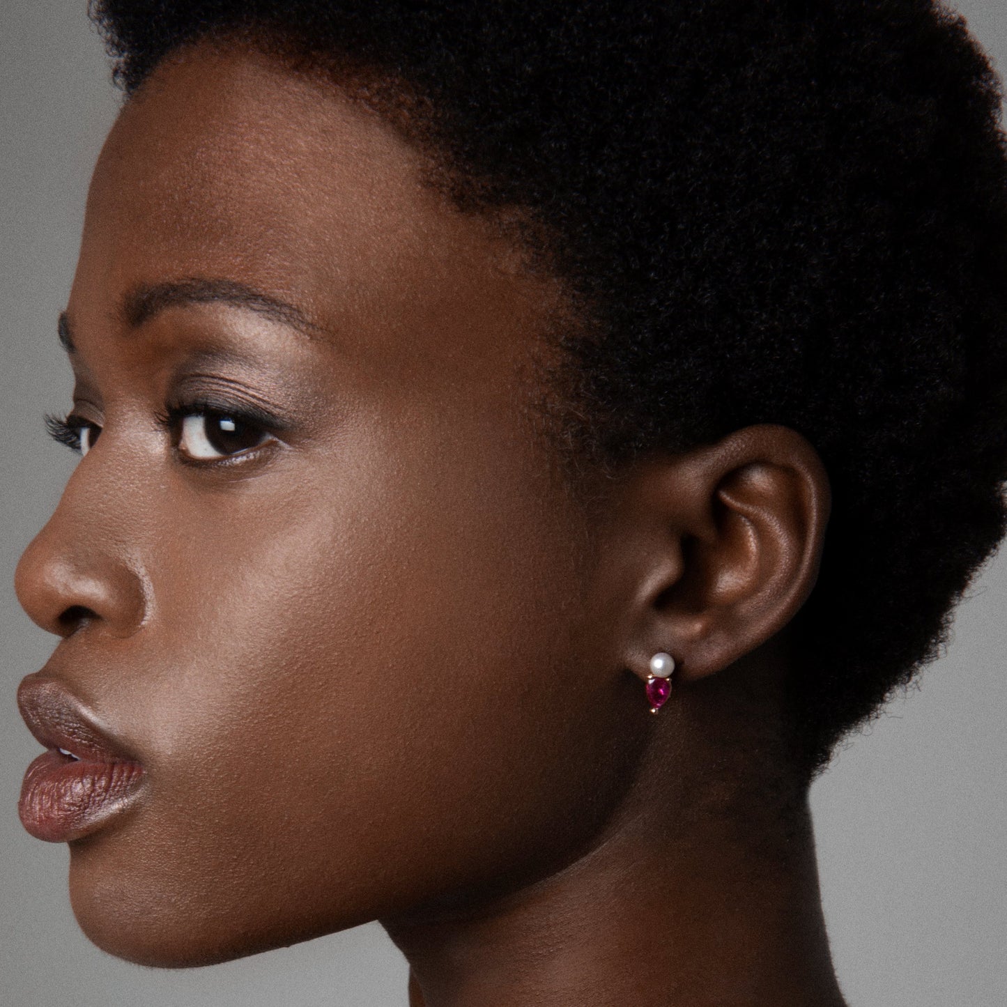 Jennifer wearing our Mini Pearl and Bright Pink Tourmaline Earring Pendant by McFarlane Fine Jewellery
