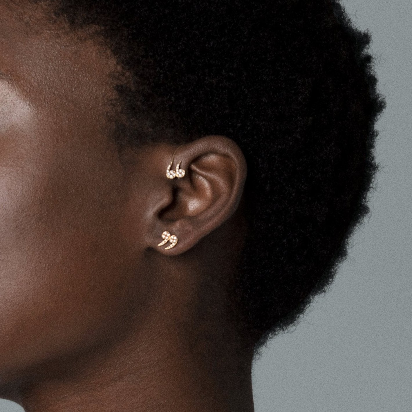 Jennifer wearing the Diamond Encrusted "Quote Un-Quote" Ear Cuff by McFarlane Fine Jewellery