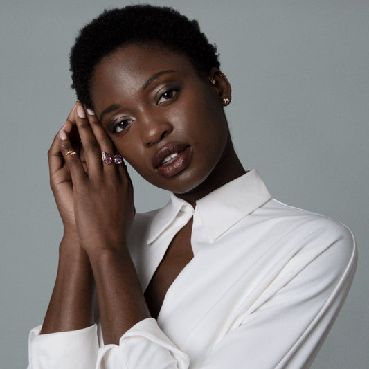 Jennifer wearing our Diamond Encrusted "Quote Un-Quote" Mini Spiral Ring by McFarlane Fine Jewellery