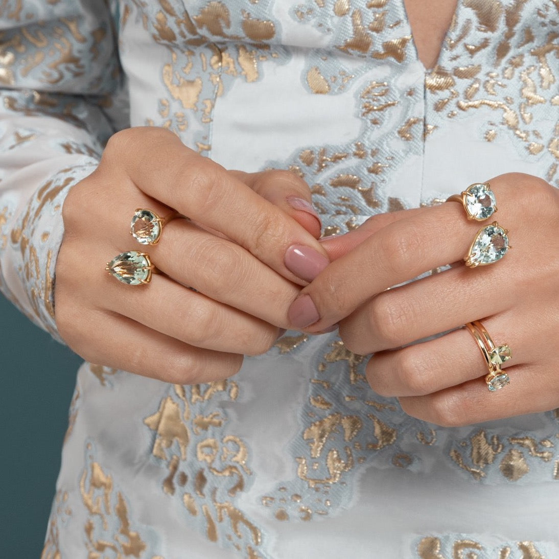 Lilian wearing the No. 3 and No. 2 Candy Coloured Rings with the Prasiolite and Aquamarine Duet Ring by McFarlane Fine Jewellery