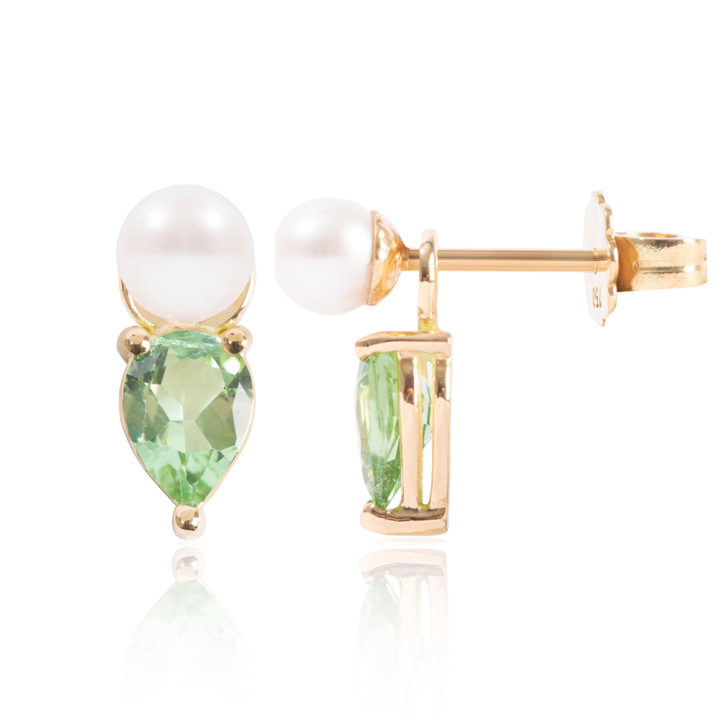 Mini Pearl and Bright Green Tourmaline Earring Pendants Side View by McFarlane Fine Jewellery