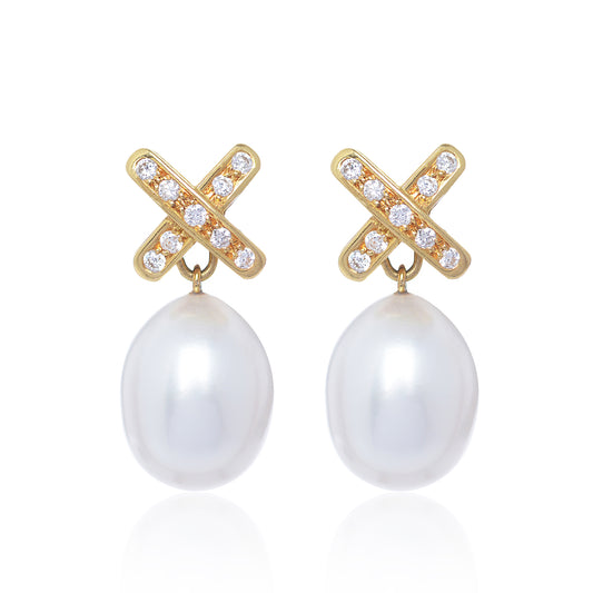 Simple Diamond Cross Pearl Earrings by McFarlane Fine Jewellery in 18ct yellow gold with detachable diamond cross stud