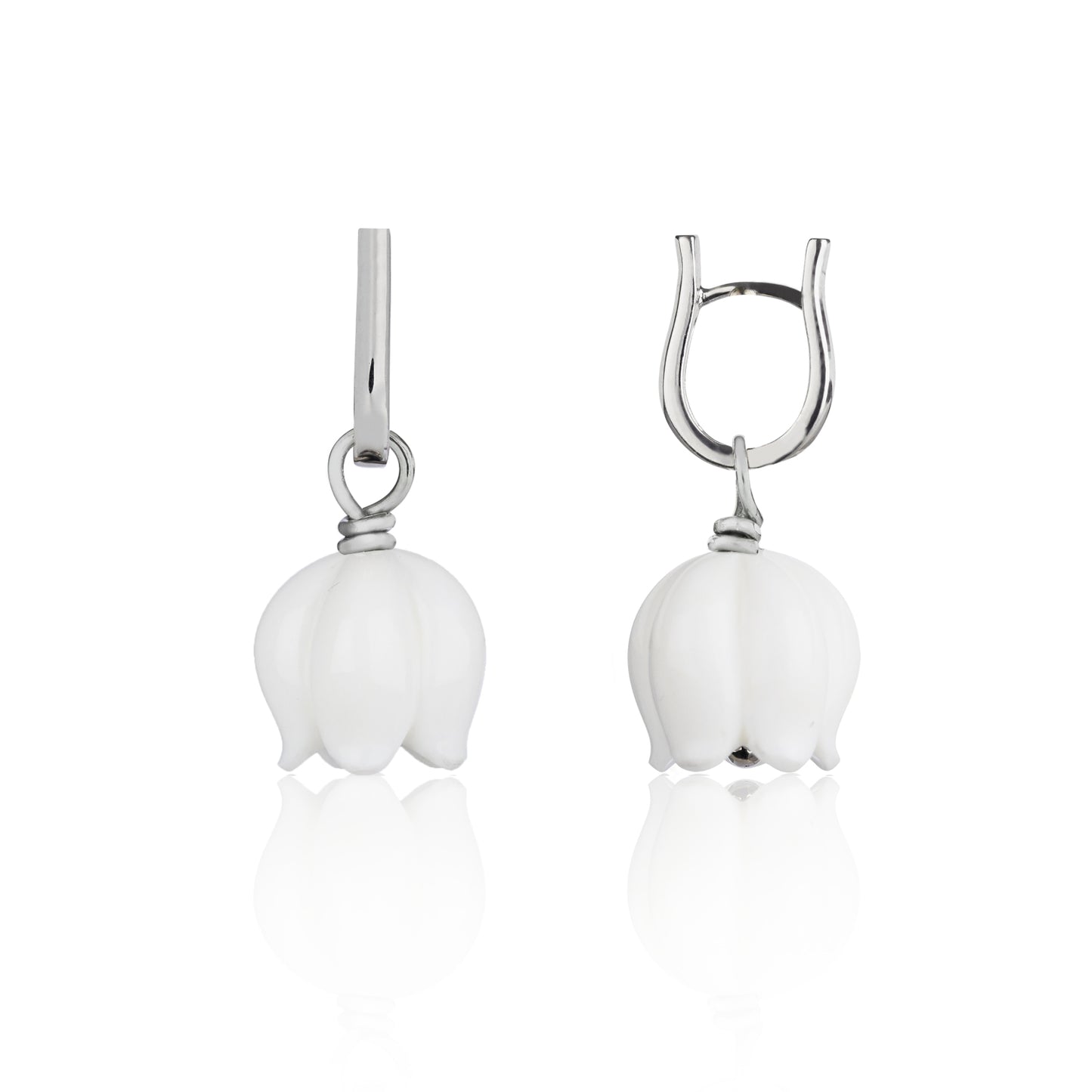 18ct White Gold and White Opal Bellflower Loop Earrings side view by McFarlane Fine Jewellery