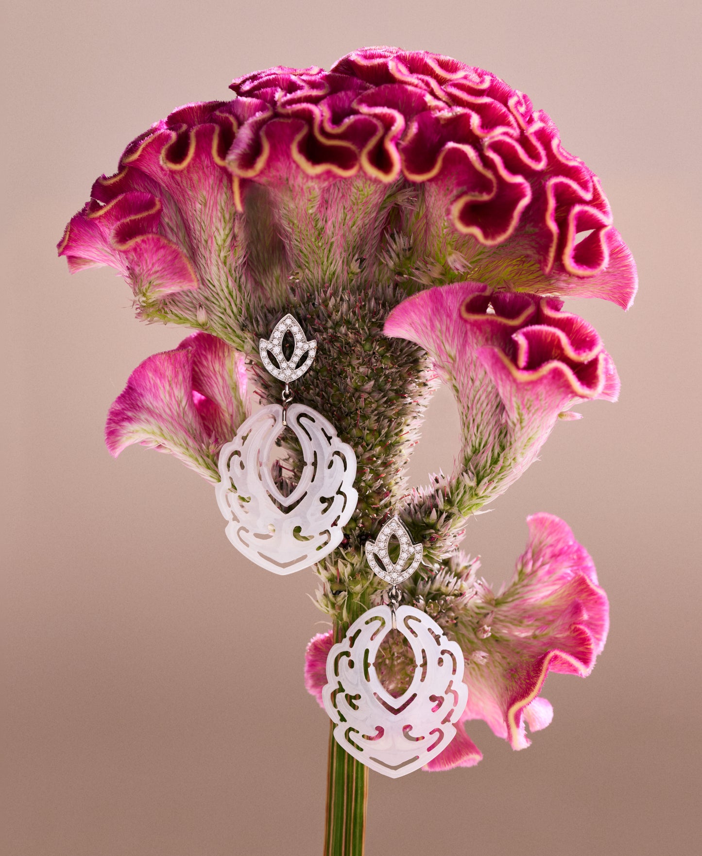 Diamond Lotus & White Jade Earrings