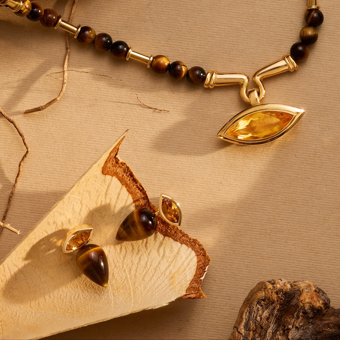 Fine Jewellery with yellow citrine and warm tiger eye gemstones set in 18ct recycled yellow gold