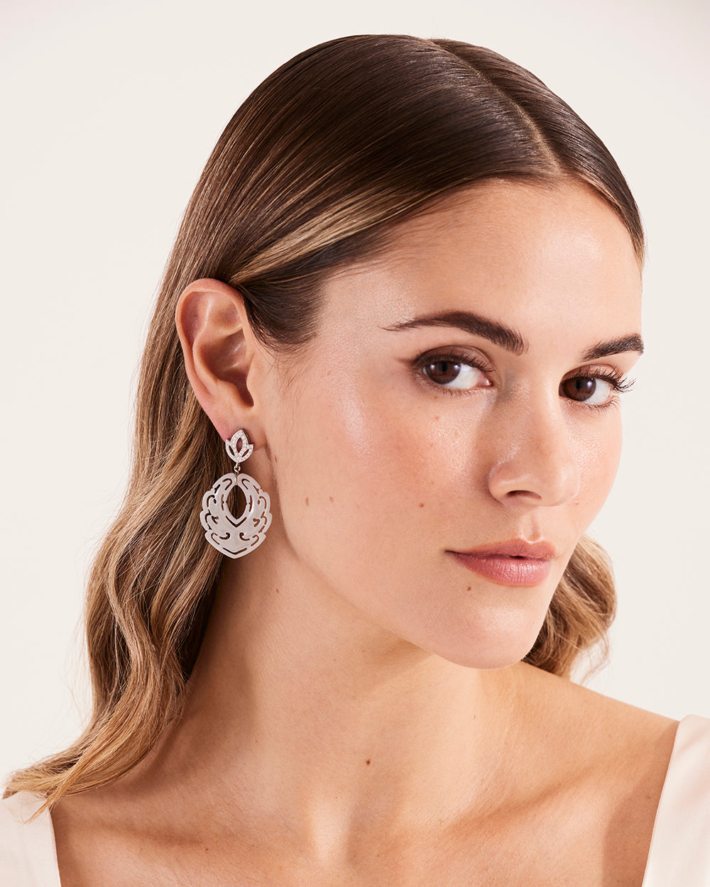 Diamond Lotus & White Jade Earrings