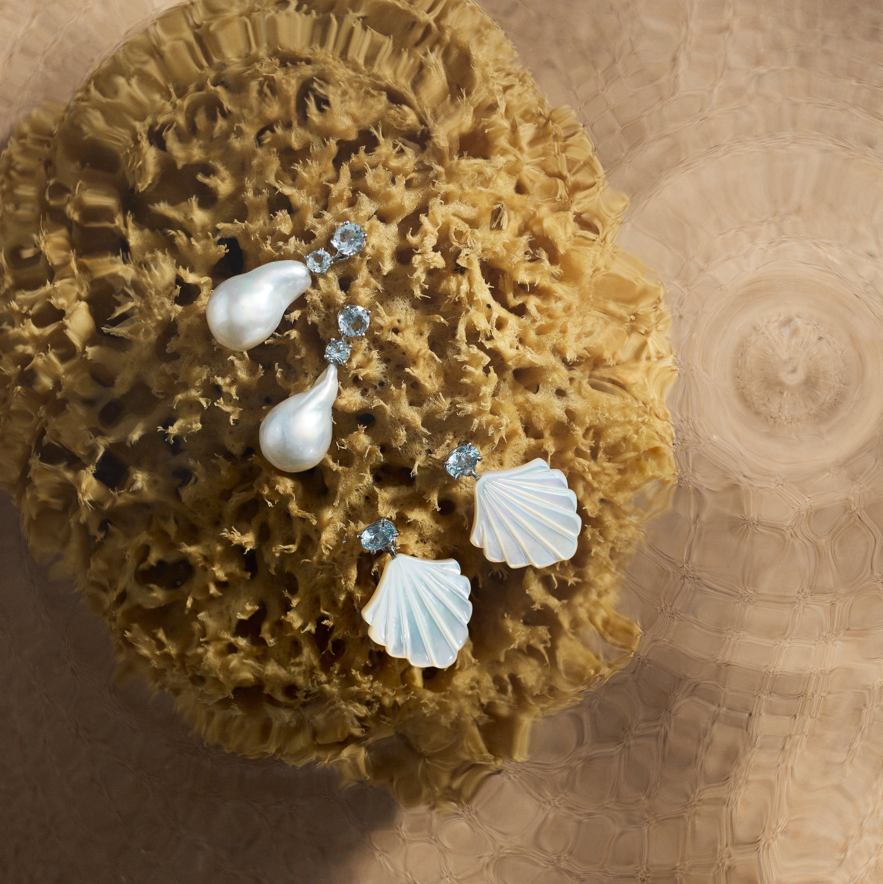 Pearl and shell earrings on a textured beige sea sponge surface