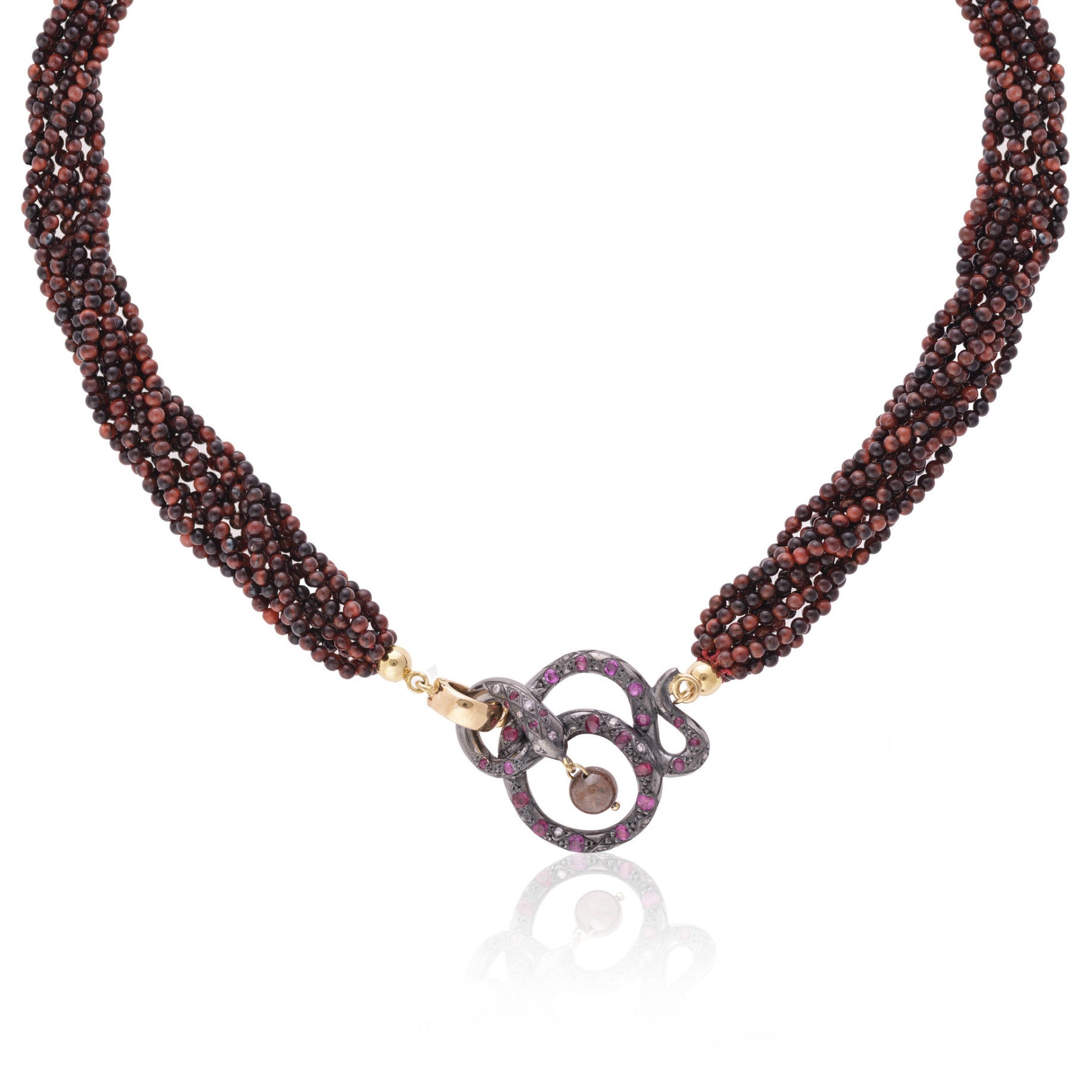 Black Snake & Red Tiger Eye Necklace with diamonds and rubies by McFarlane Fine Jewellery