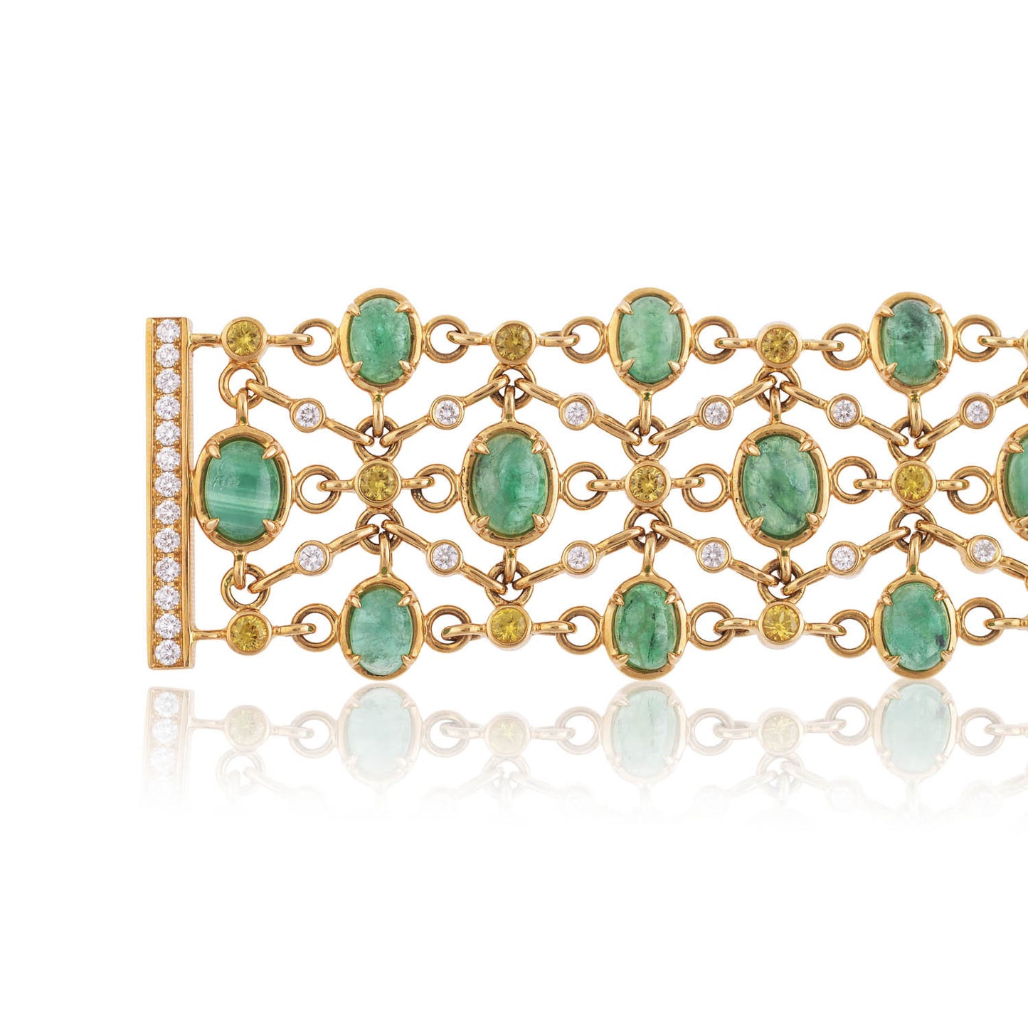 Brazilian Emeralds, diamond and sapphire bracelet pictured open with clasp created by Esther McFarlane for McFarlane Fine Jewellery