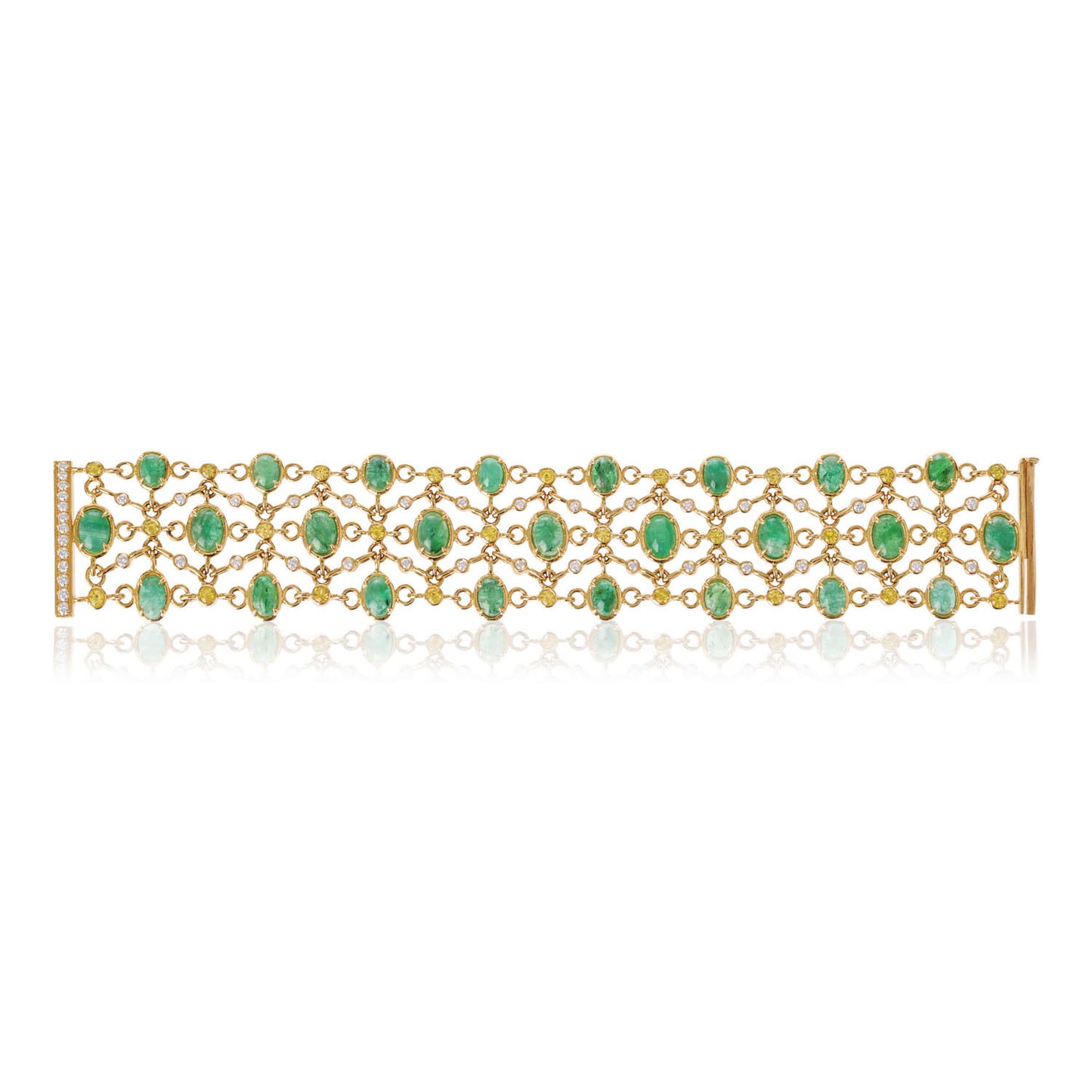 Brazilian Emeralds, diamond and sapphire bracelet pictured open created by Esther McFarlane for McFarlane Fine Jewellery