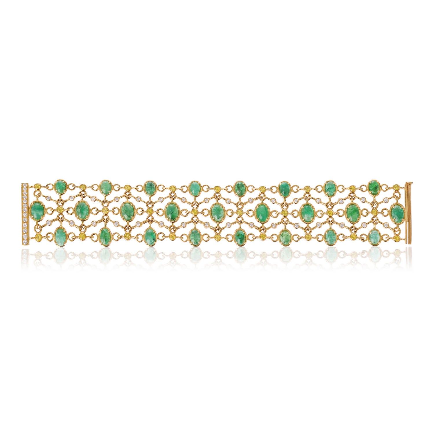 Brazilian Emeralds, diamond and sapphire bracelet pictured open created by Esther McFarlane for McFarlane Fine Jewellery
