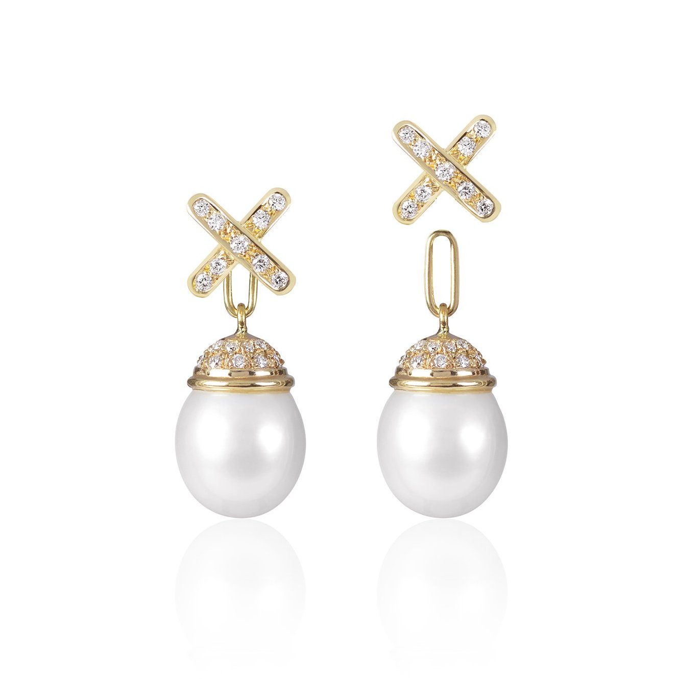 Decadent Cross Pearl Earrings with detachable South Sea and Diamond pendants one detached by McFarlane Fine Jewellery