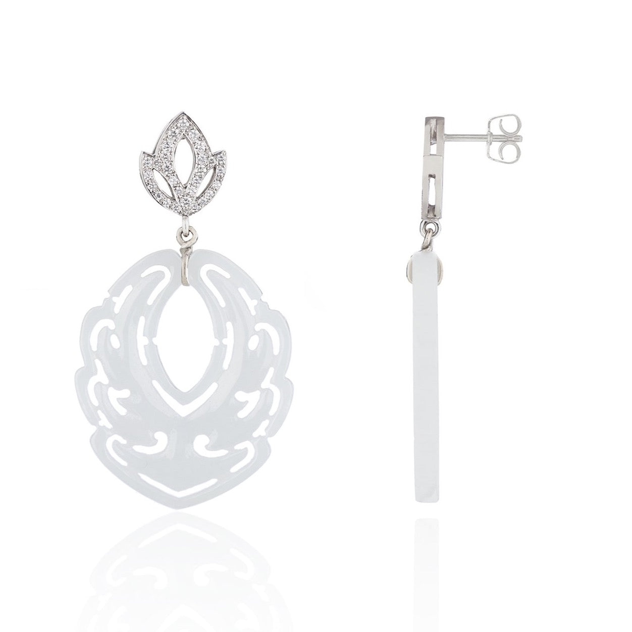 Diamond Lotus and White Jade Earrings by McFarlane Fine Jewellery