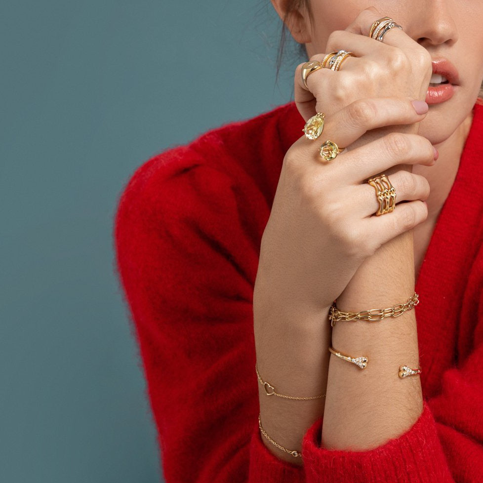Lilian wearing the Heart Bracelet, Diamond Studded Bracelet and the Diamond Carpus Bracelet by McFarlane Fine Jewellery 