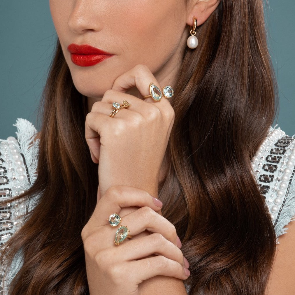 Lilian wearing the No. 2 and No. 3 Rings with the Aquamarine and Prasiolite Duet Rings and the Chunky Polished Gold Hoops with Pearl Earring Pendants by McFarlane Fine Jewellery