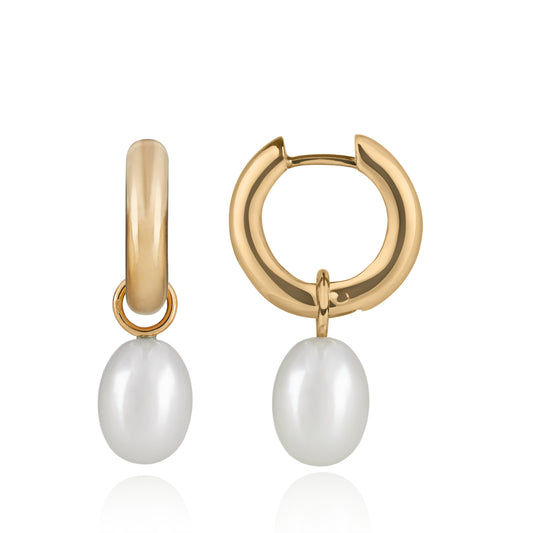 Chunky Polished Gold Hoop Earrings with Pearl Pendants by McFarlane Fine Jewellery
