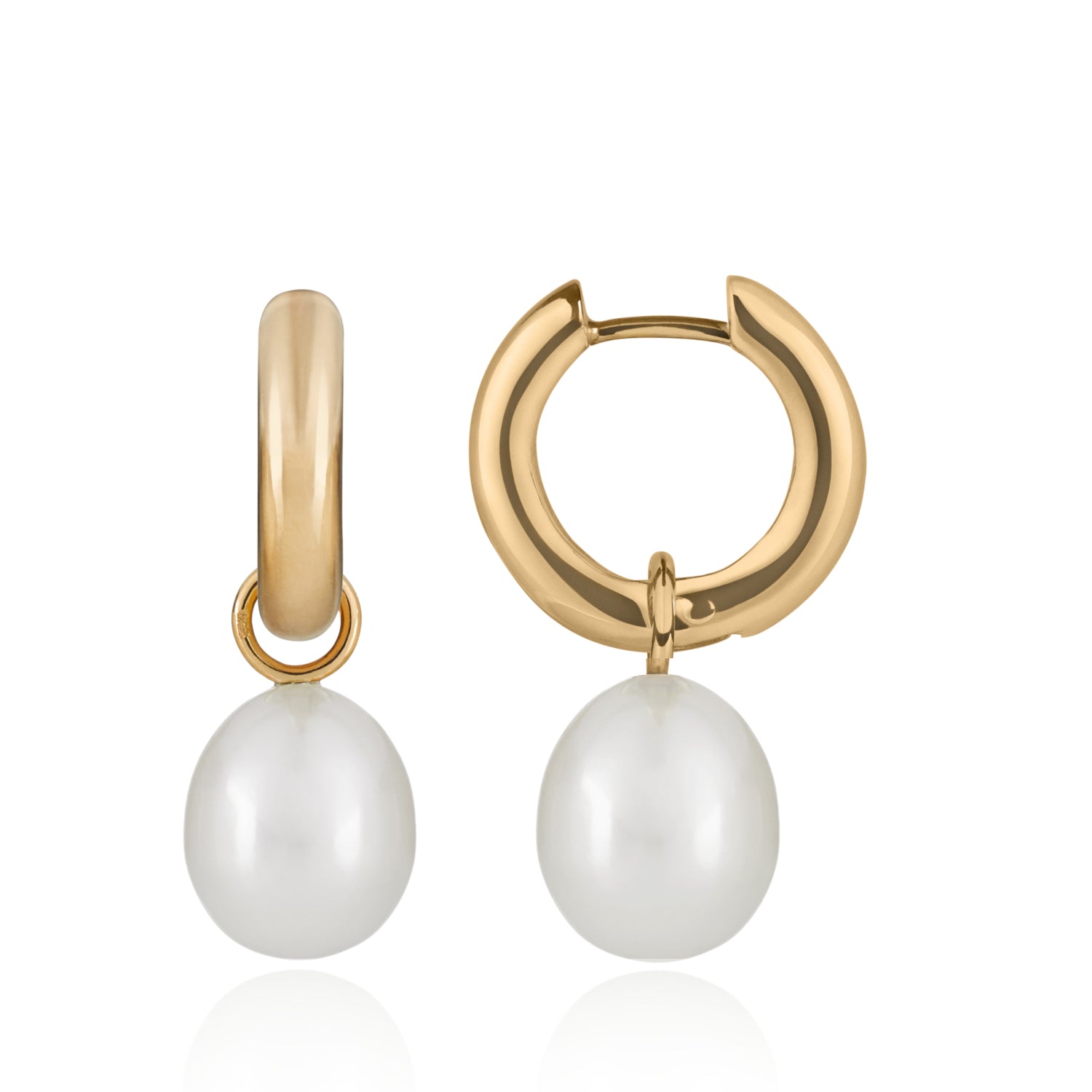 Chunky Polished Gold Hoop Earrings with Pearl Pendants wide version by McFarlane Fine Jewellery