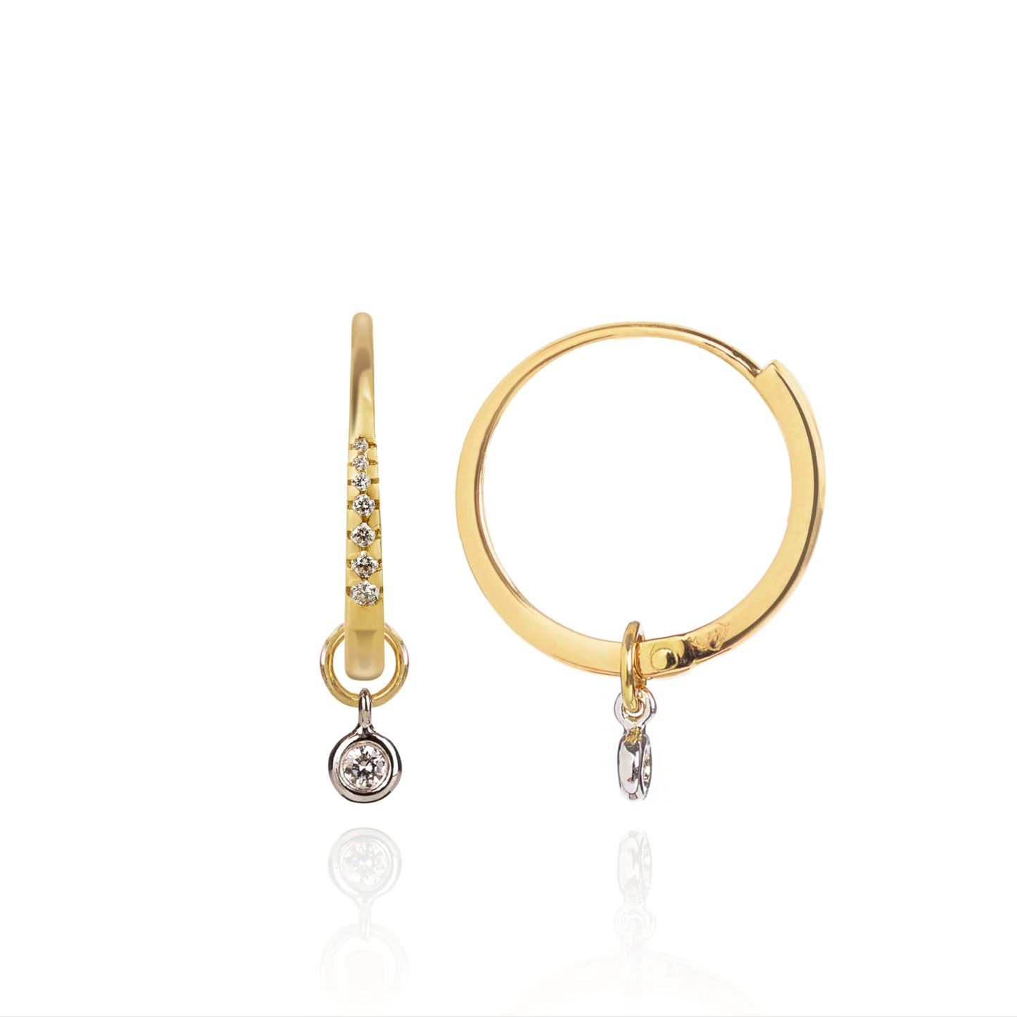 Diamond Studded Gold Closed Hoops with Diamond Pendants side view by McFarlane Fine Jewellery