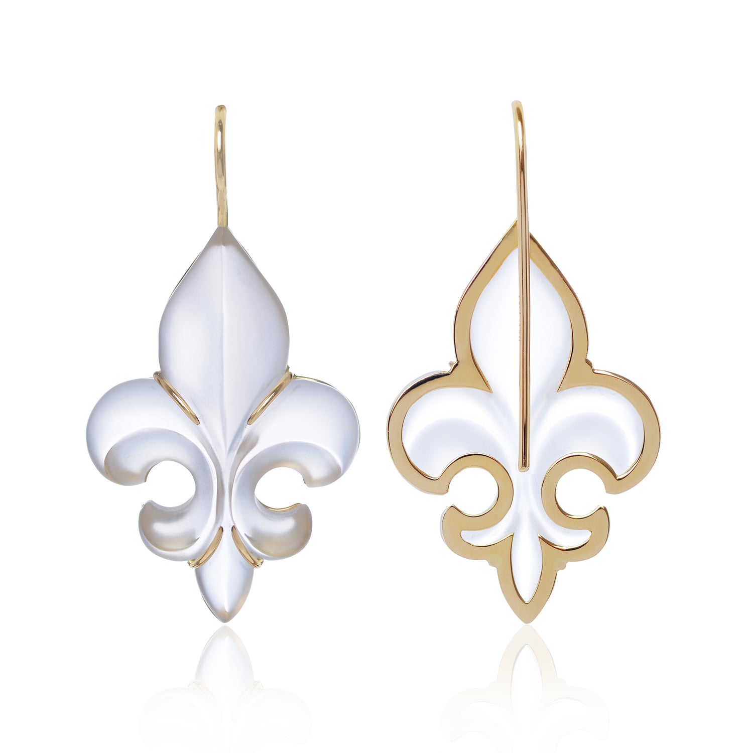 Frosted Fleur des Lys Earrings in 18ct yellow gold back view with gold trimming by McFarlane Fine Jewellery