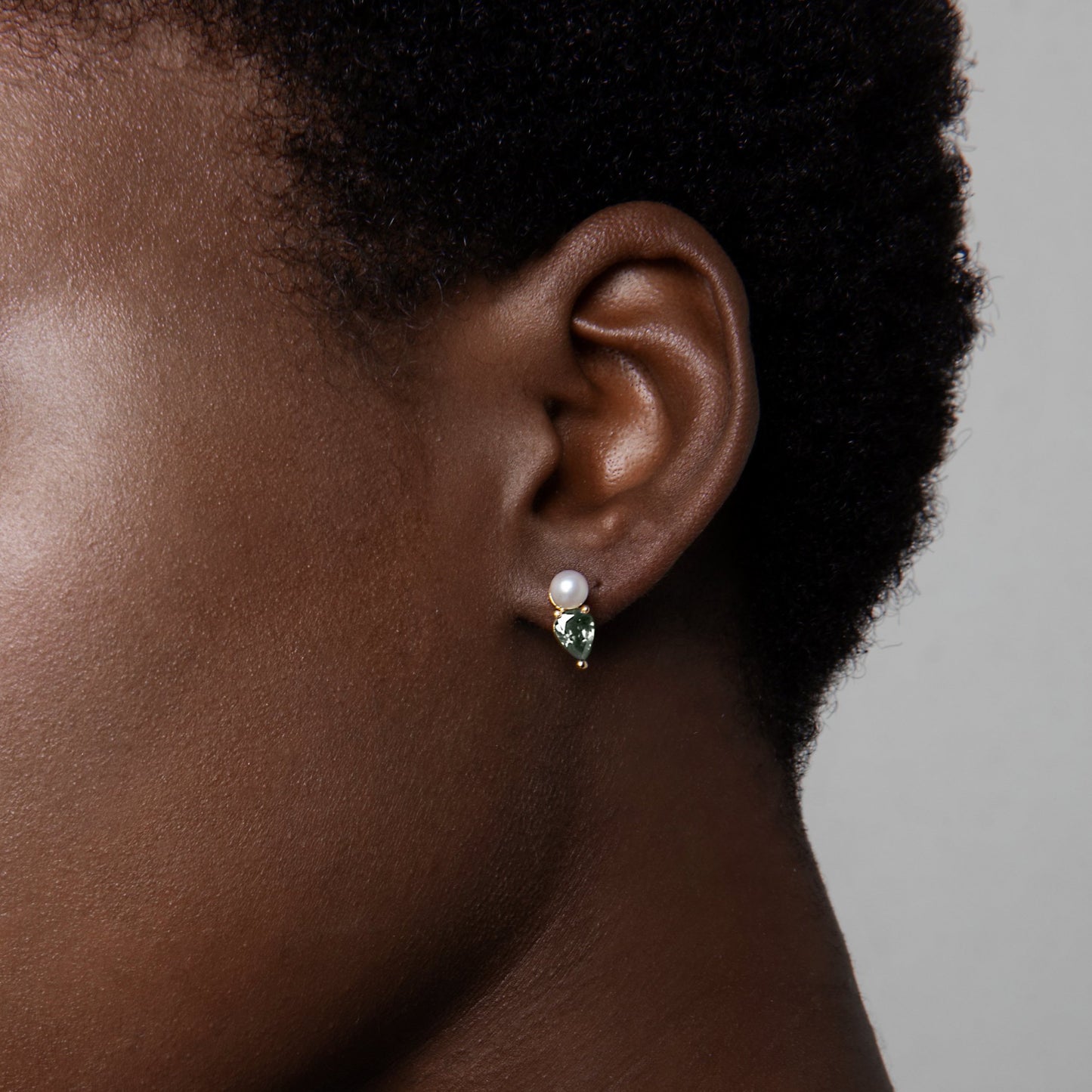 Jennifer wearing our Mini Pearl and Light Green Tourmaline Earring Pendant by McFarlane Fine Jewellery