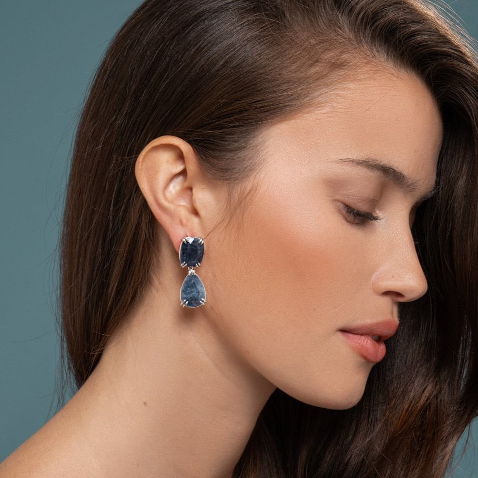 Lilian wearing the Blue Sapphire Earrings by McFarlane Fine Jewellery