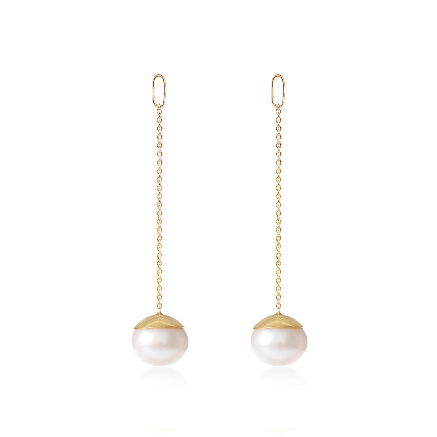 Long Chained Gold Capped White Cultured Pearl Earring Pendants by McFarlane Fine Jewellery