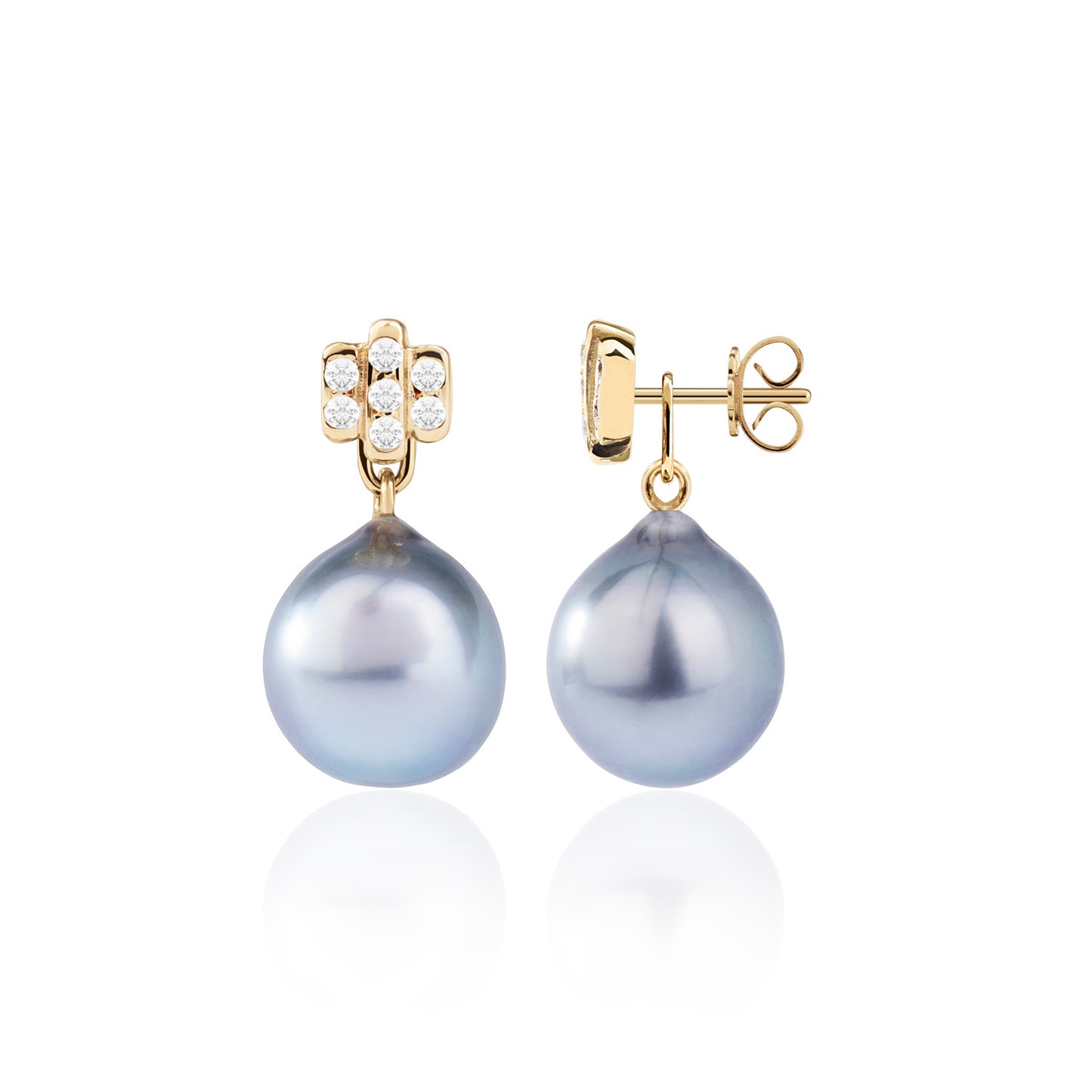 Triple Diamond Bar Studs with Tahitian Pearls