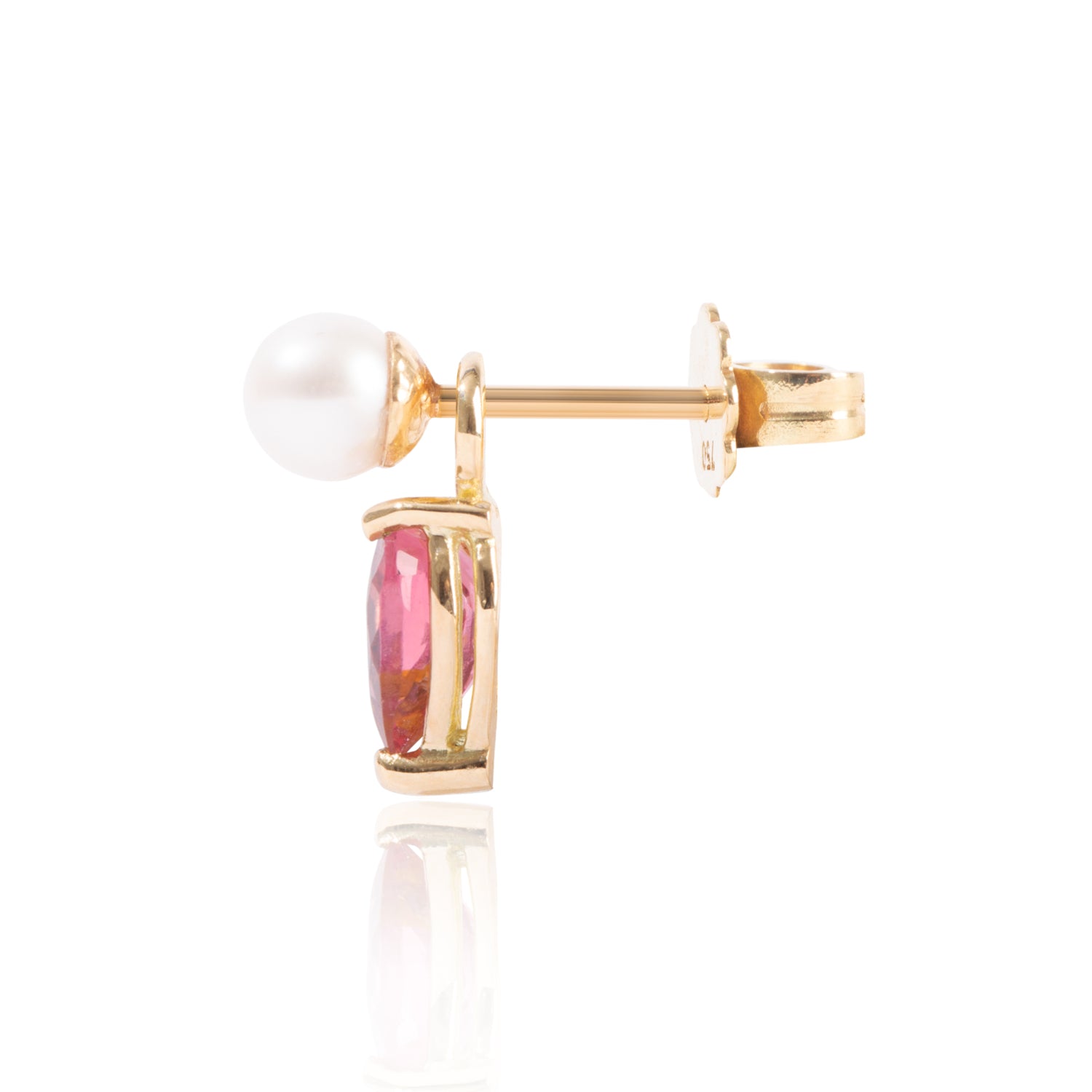 Mini Pearl and Bright Pink Tourmaline Earring Pendant Side View by McFarlane Fine Jewellery