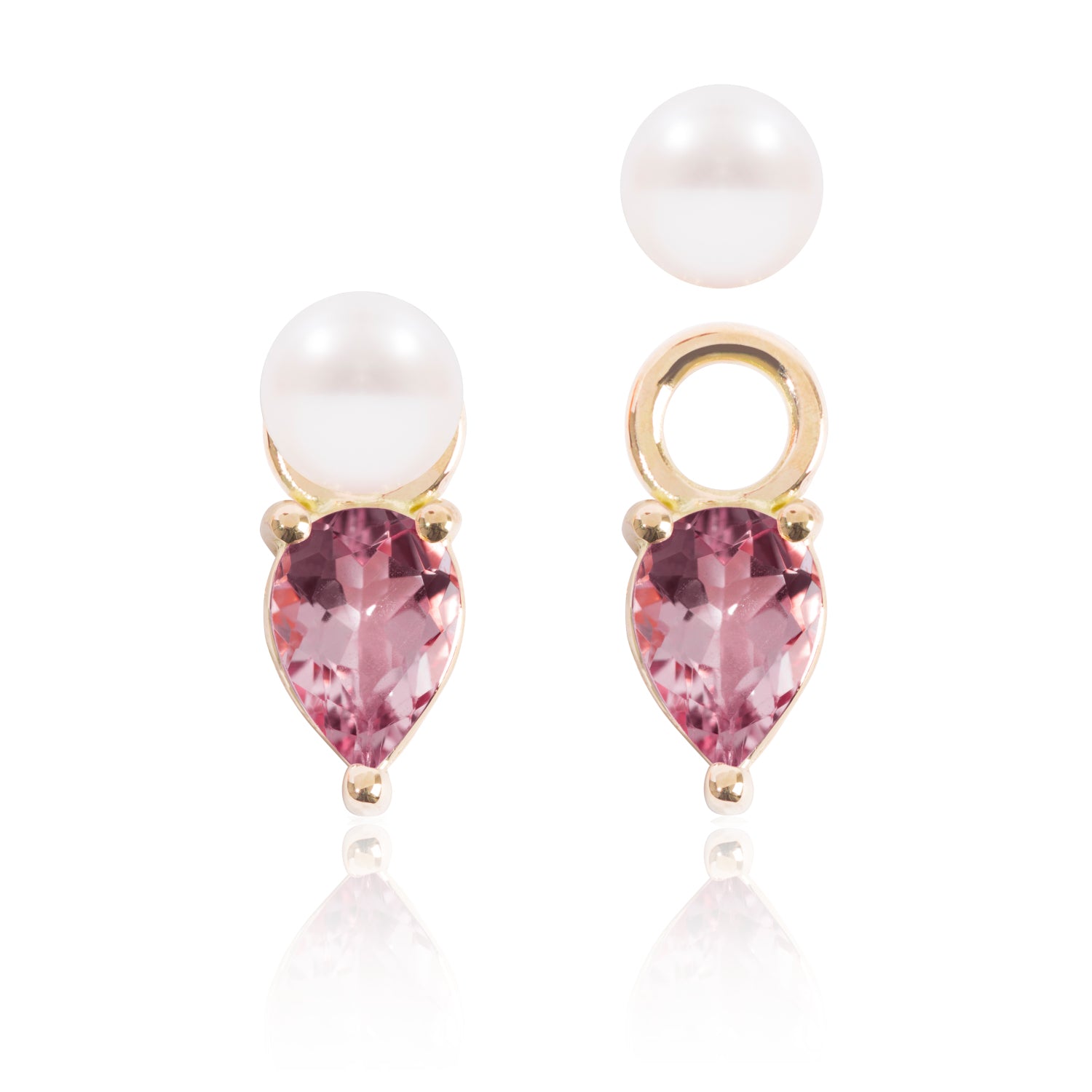 Mini Pearl & Bright Pink Tourmaline Earring Pendants with one detached by McFarlane Fine Jewellery
