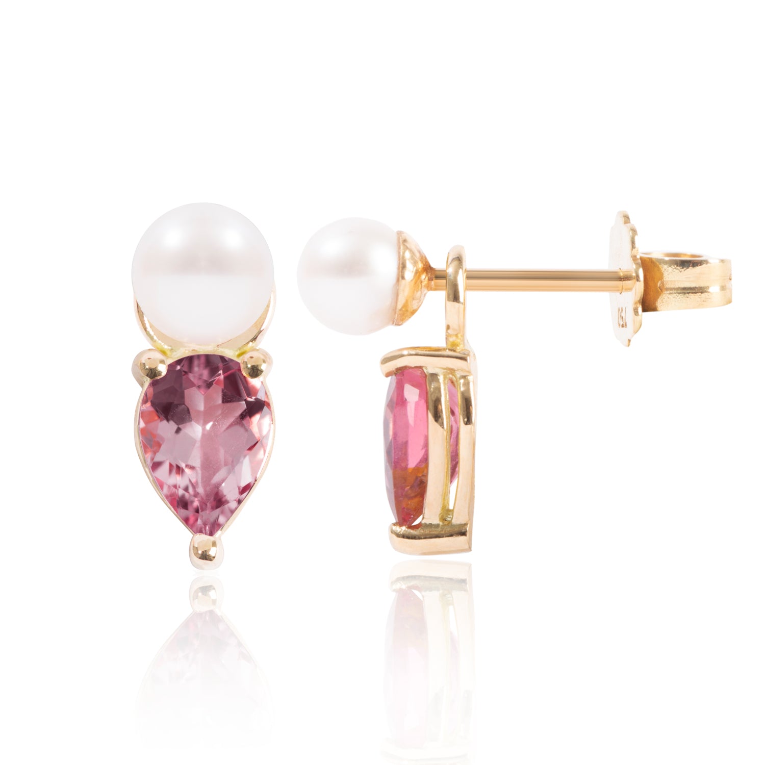 Mini Pearl & Bright Pink Tourmaline Earring Pendants Side View by McFarlane Fine Jewellery