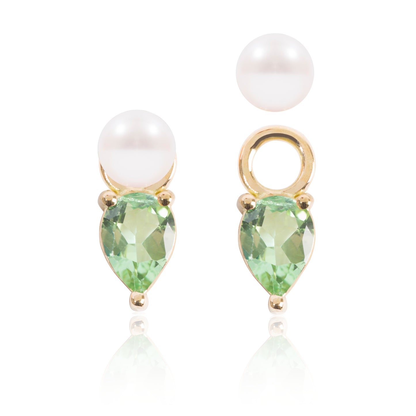 Mini Pearl and Bright Green Tourmaline Earring Pendants with one detached by McFarlane Fine Jewellery