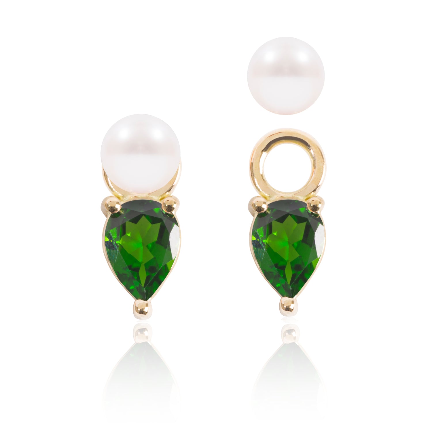 Mini Pearl and Tsavorite Earring Pendants with one detached by McFarlane Fine Jewellery