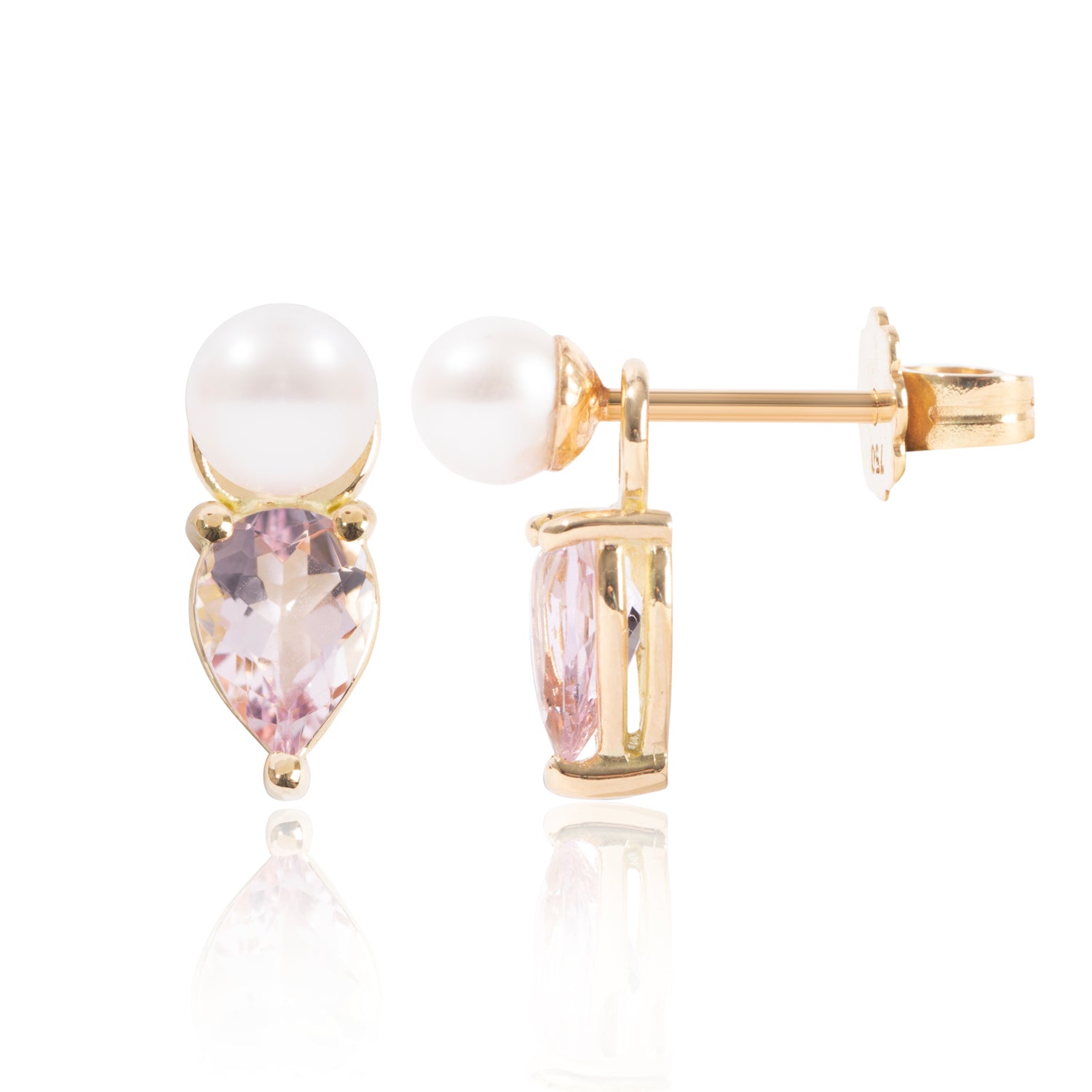 Mini Pearl & Light Pink Morganite Earring Pendants Side View by McFarlane Fine Jewellery