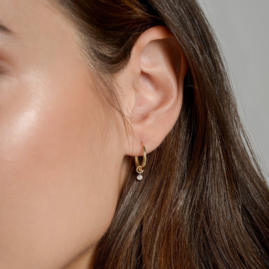 Anna wearing our Gold Closed Hoop with Diamond Earring Pendant by McFarlane Fine Jewellery