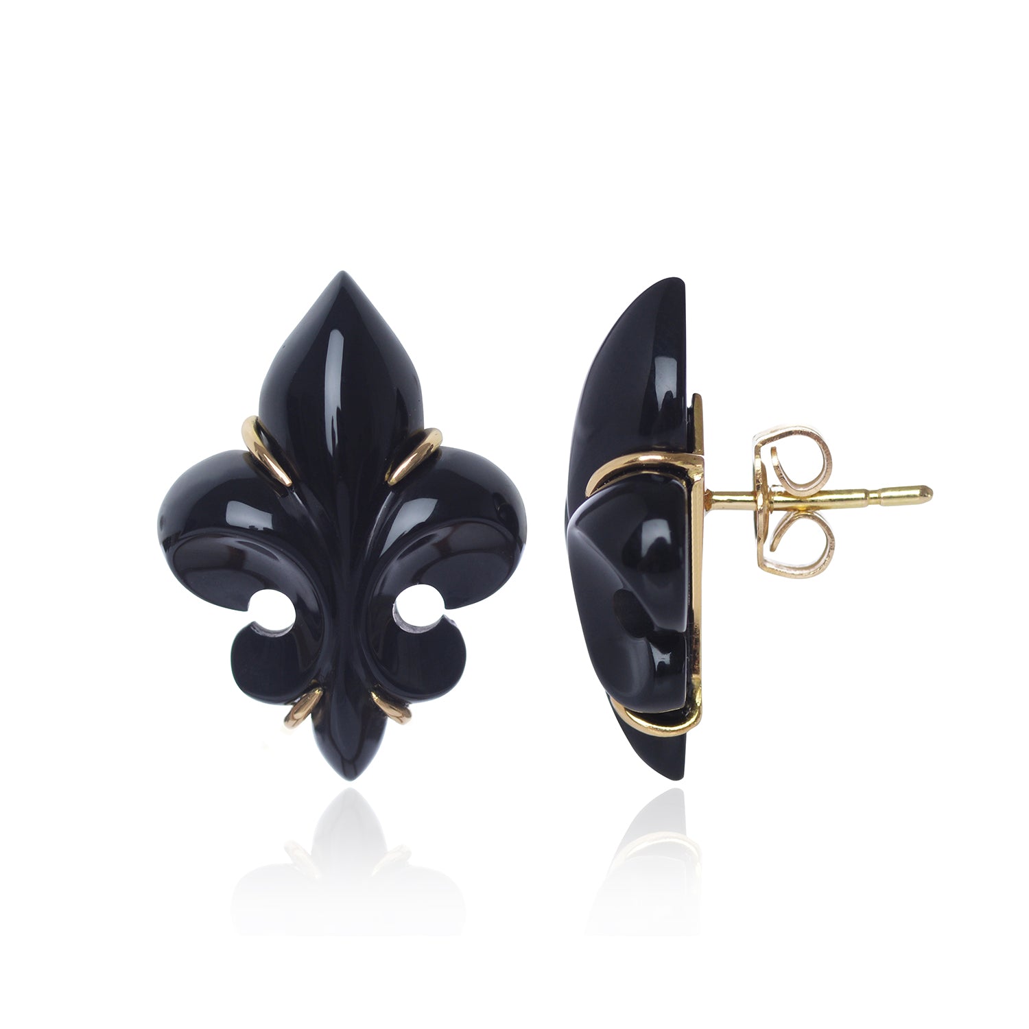 Polished Black Onyx Fleur des Lys Earrings side view by McFarlane Fine Jewellery