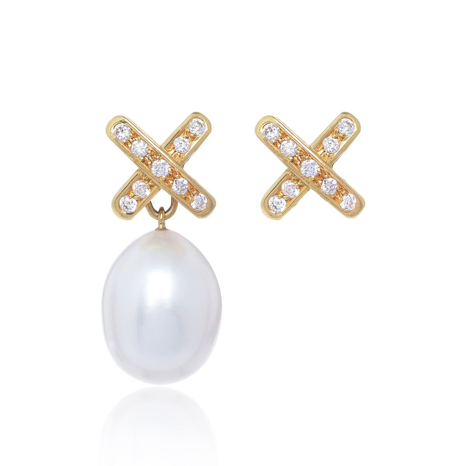 Simple Diamond Cross Pearl Earrings by McFarlane Fine Jewellery with One Pearl